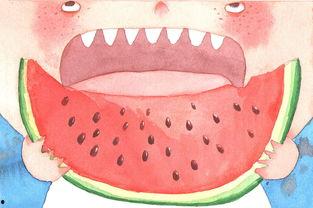 儿童吃瓜插画,儿童吃瓜插画，描绘夏日欢乐时光